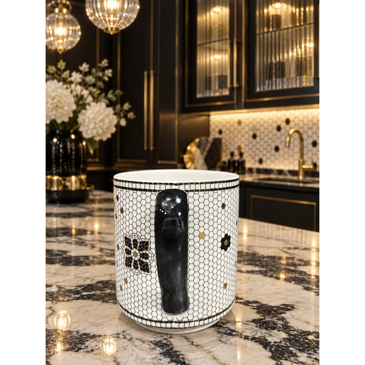 Anthropologie Monogram J Mug Black Gold Mosaic Tile Floral Coffee Cup