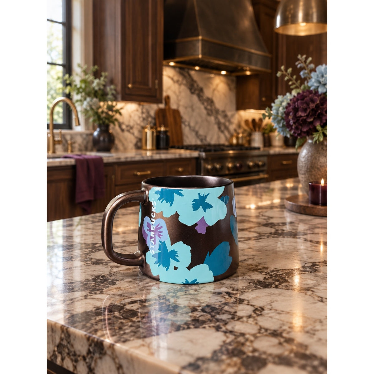Starbucks 2020 Bronze Copper Gold Floral Pansy Ceramic Mug 14 Oz
