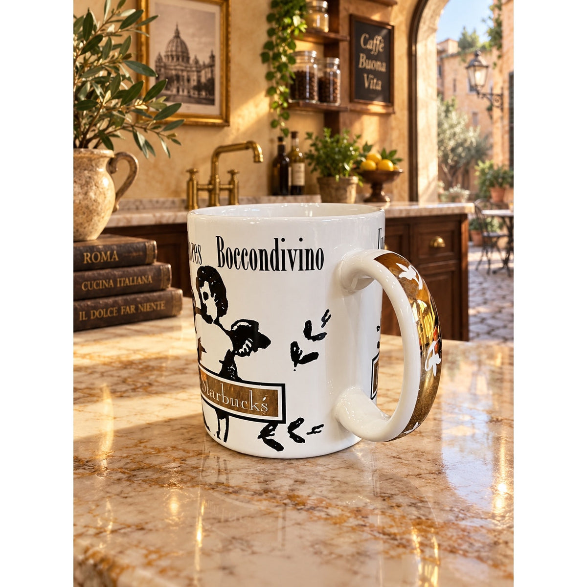Starbucks Deborah Reinhart Italian Cafe Mug Una Tazza d'Oro Gold Cherubs