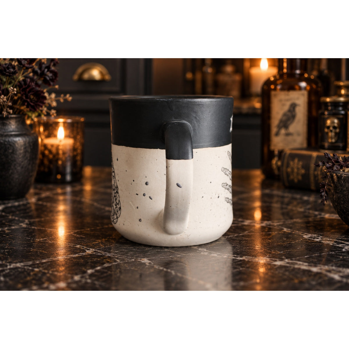 Cobwebs & Cauldrons Halloween Mug Skeleton Hand "BOO" Gothic Coffee Cup