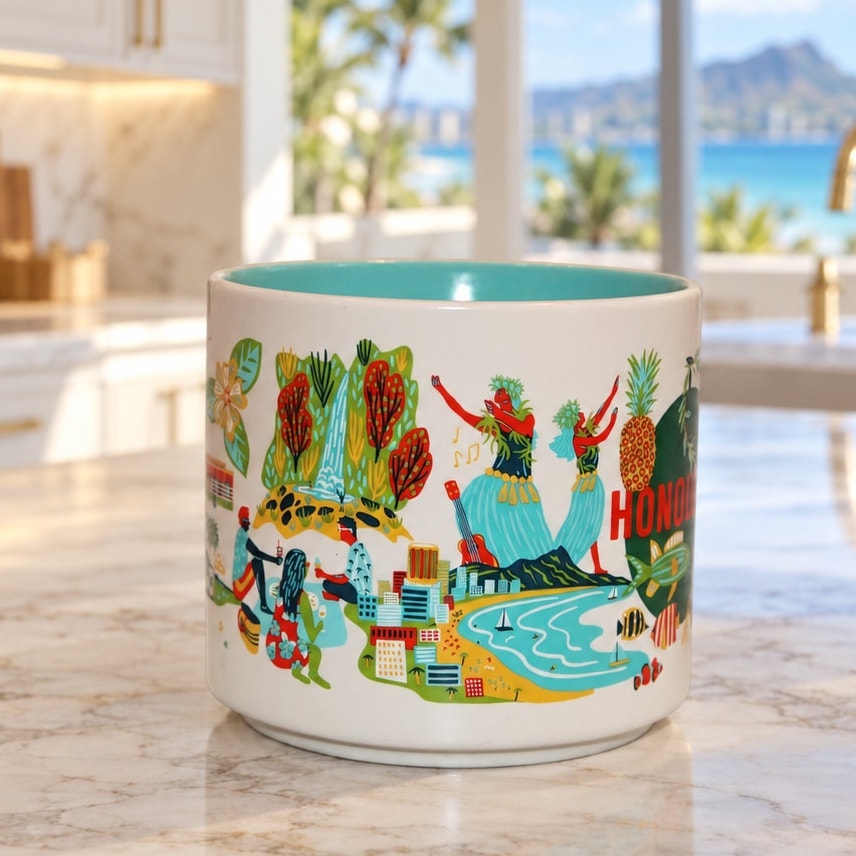 Starbucks Honolulu Hawaii Discovery Series 14 oz Mug Aqua Interior Coffee Cup