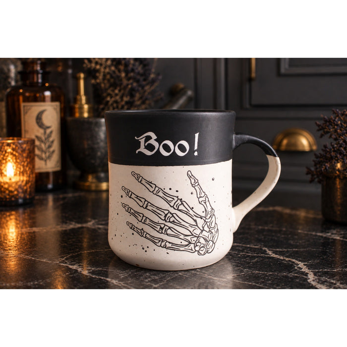 Cobwebs & Cauldrons Halloween Mug Skeleton Hand "BOO" Gothic Coffee Cup