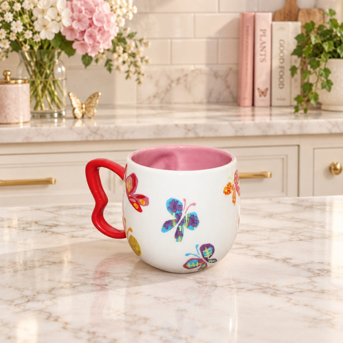 2007 Starbucks Butterfly Coffee Mug With Red Butterfly Shaped Handle 3" Tall