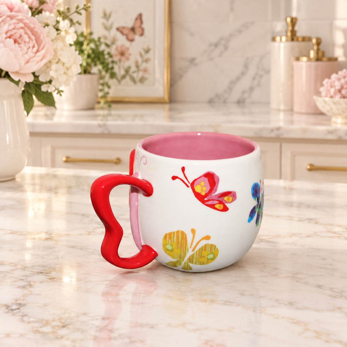 2007 Starbucks Butterfly Coffee Mug With Red Butterfly Shaped Handle 3" Tall