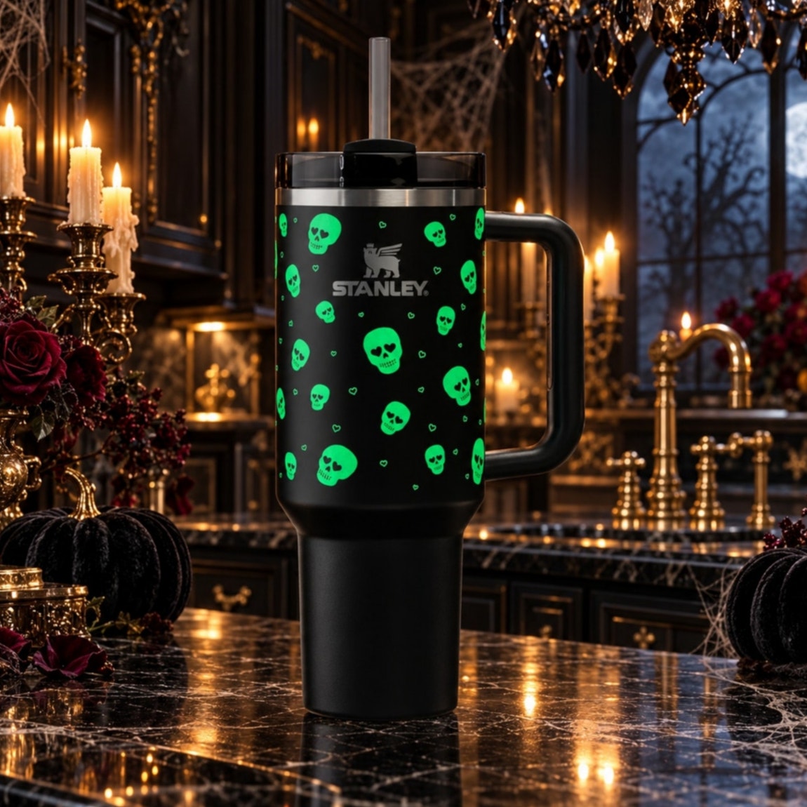 Stanley Lights Out Glow-in-the-Dark Skull Quencher 40 oz Halloween Tumbler NEW