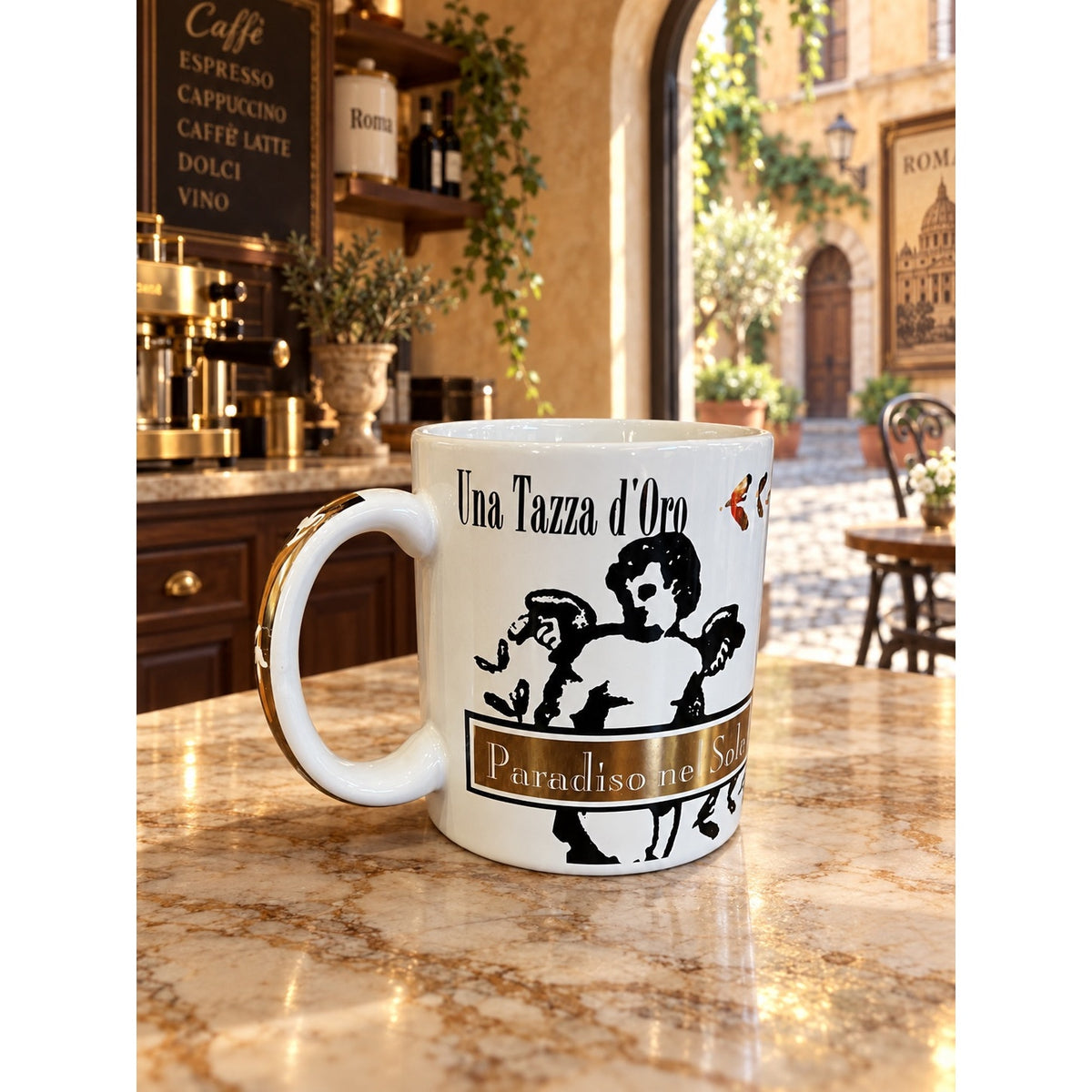 Starbucks Deborah Reinhart Italian Cafe Mug Una Tazza d'Oro Gold Cherubs